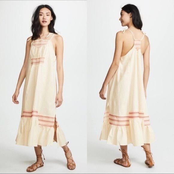 Free People ANOTHER LOVE Ivory Smocked Linen Blend Midi Boho Dress Sz S - Picture 2 of 7